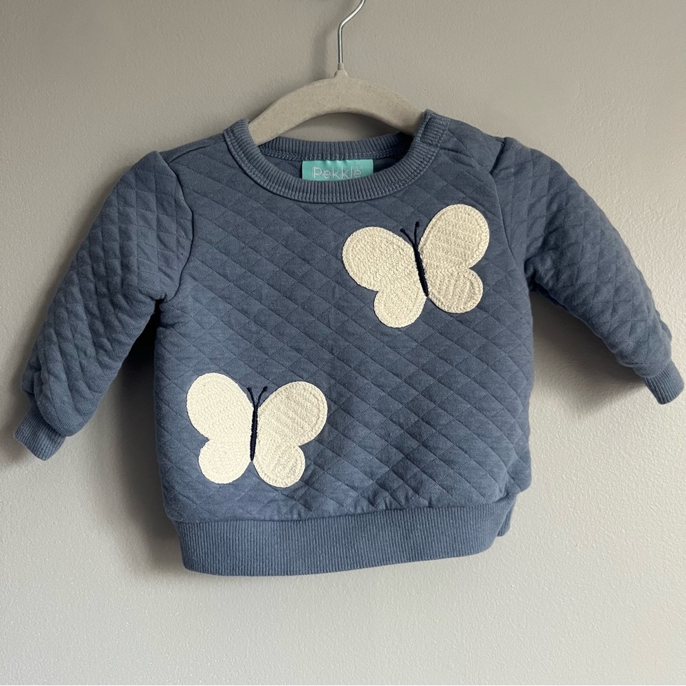 Blue Quilted Crewneck with Cream Butterflies